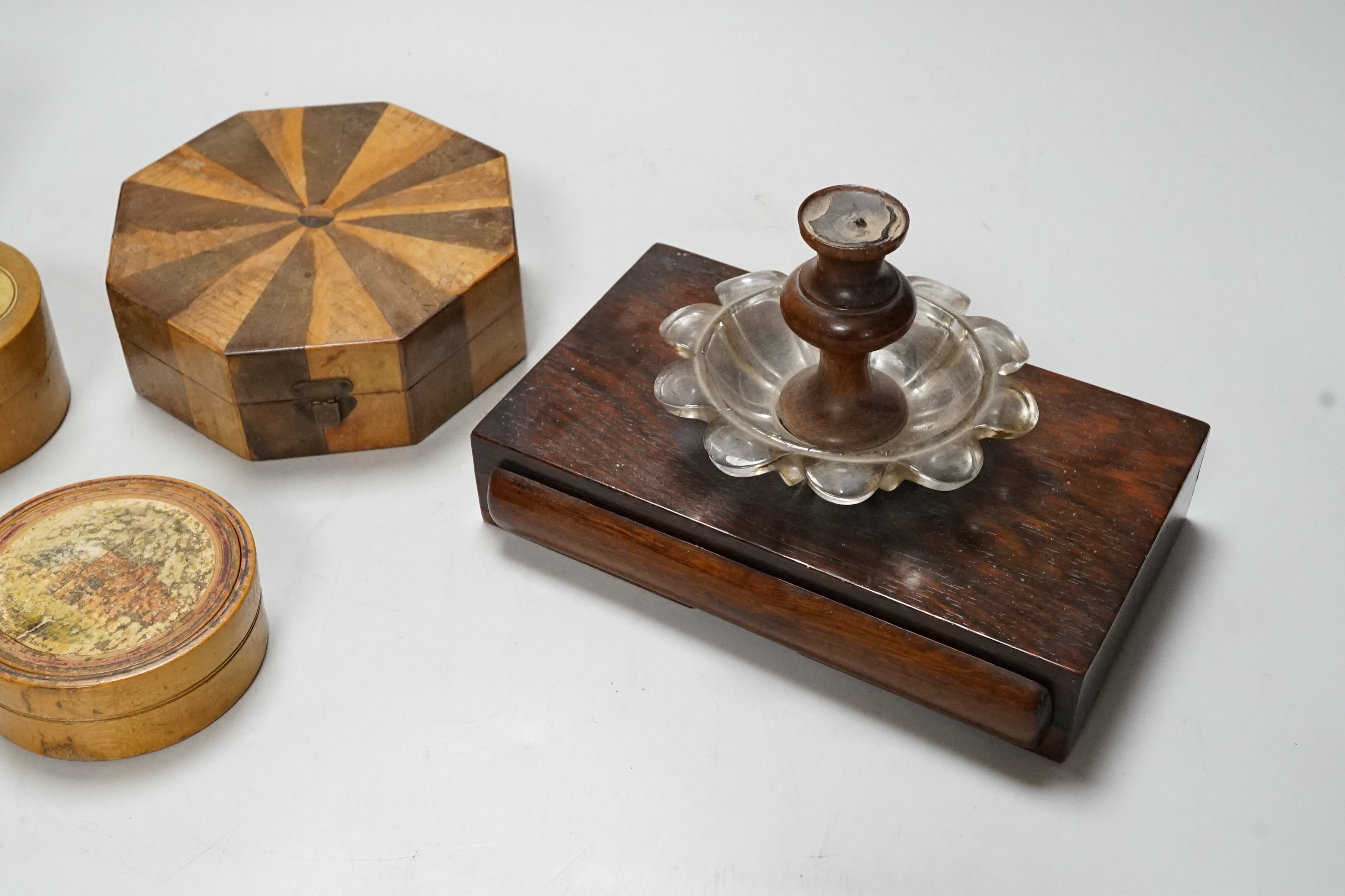 A Victorian sealing wax desk set, 16 cm wide early Tunbridge ware Penshurst Place drum shaped box, c.1810, and other treen